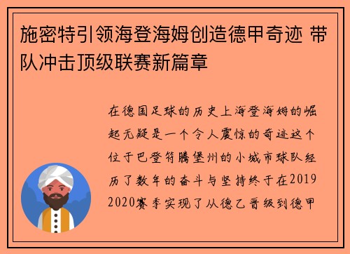 施密特引领海登海姆创造德甲奇迹 带队冲击顶级联赛新篇章